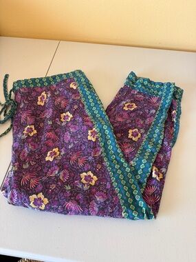 Sundance Purple Floral Wide-Leg Trousers with Teal Trim